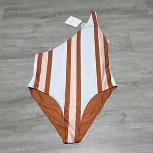 Baiia One Shoulder Retro Striped Reversable One Piece Swimsuit Size 16 NWT